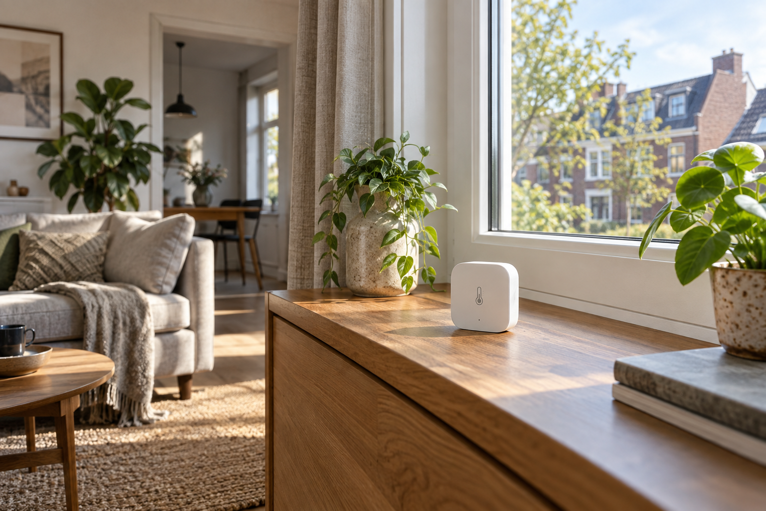 Illustratie: temperatuursensor naast een raam